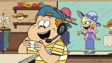 HD wallpaper of The Loud House featuring a happy boy with a headset and a girl in a purple dress and hat in the background.