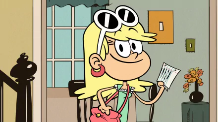 HD desktop wallpaper from 'The Loud House' featuring a character standing indoors with sunglasses and a handbag, holding a paper.