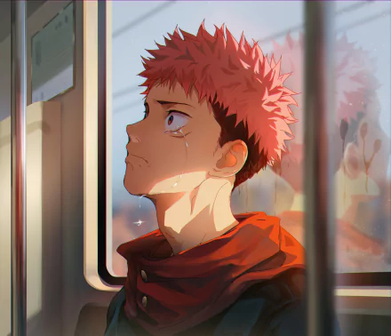HD desktop wallpaper of Yuji Itadori from Jujutsu Kaisen, with pink hair and tears, looking out a train window.