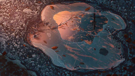 HD anime-style desktop wallpaper featuring a frosty puddle with ice and water reflecting the sky, surrounded by textured patterns and a few fallen leaves.