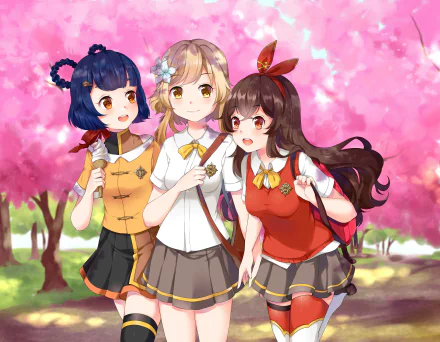 4K Ultra HD PC wallpaper of Genshin Impact characters Xiangling, Lumine, and Amber smiling together under blooming pink cherry blossoms.