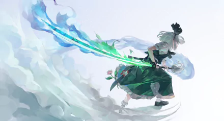 HD PC wallpaper featuring Youmu Konpaku from Touhou, wielding a glowing, ethereal sword with dynamic blue and green energy trails in an anime art style.