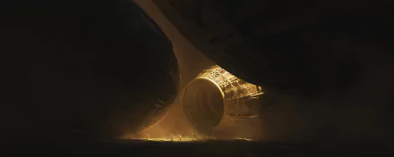 A high-definition sci-fi desktop wallpaper featuring an exploration scene with a spaceship in a dark, mysterious atmosphere.