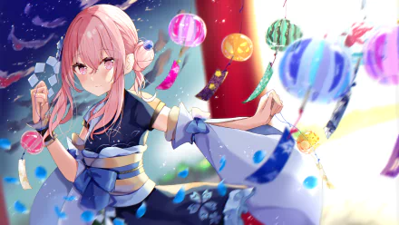 Anime girl with pink hair and eyes wears a traditional Japanese kimono, surrounded by colorful floating lanterns in a vibrant 4K Ultra HD desktop wallpaper.