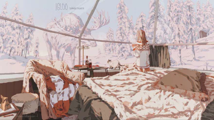 Anime-style winter scene showing a cozy interior with fur blankets, a table set with drinks, and snowy trees visible through transparent walls, designed as an HD PC desktop wallpaper.