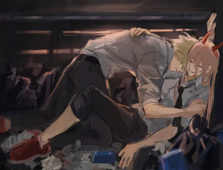 4K Ultra HD anime wallpaper featuring Power and Denji from Chainsaw Man in an intense, dramatic scene with dark, moody lighting.