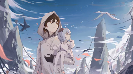 HD wallpaper of Zhongli and Ganyu from Genshin Impact, featuring Zhongli with short hair holding a small girl against a serene, mountainous background under a vibrant sky with flying birds.