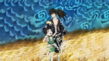Hyakkimaru (Dororo) and Dororo stand in a golden wheat field beneath a swirling blue sky — anime 4K Ultra HD PC desktop wallpaper background.