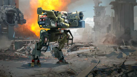 A dramatic HD wallpaper from the video game War Robots, featuring a powerful robot armed with weapons, amidst a fiery explosion and a ruined landscape.