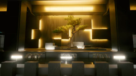 Night City scene from Cyberpunk 2077 featuring a futuristic interior with warm lighting, a central tree, and sleek geometric design in 4K Ultra HD quality.