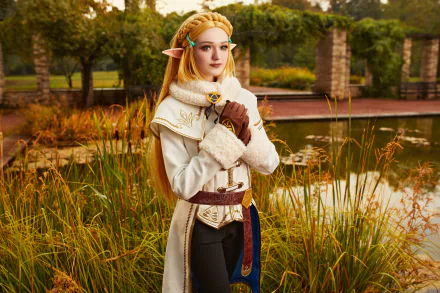 Cosplay of Princess Zelda from The Legend of Zelda, featuring a blonde elf woman in detailed costume standing by a pond with autumn foliage, captured in 4K Ultra HD.