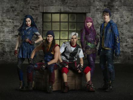 HD wallpaper of Descendants featuring the main characters striking a pose in front of a brick wall and a window.