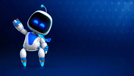 HD desktop wallpaper featuring the character from Astro Bot Rescue Mission against a blue background.