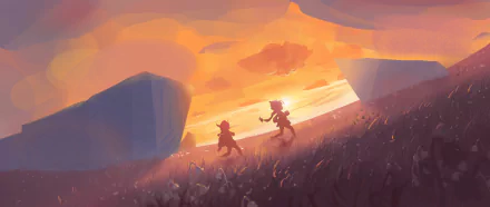 HD PC desktop wallpaper featuring Genshin Impact characters Qiqi and Klee walking through a glowing, mountainous landscape at sunset.