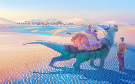 HD desktop wallpaper featuring Ruijerd Superdia, Rudeus Greyrat, and Eris Boreas Greyrat from the anime Mushoku Tensei: Jobless Reincarnation, set in a colorful desert landscape with a distant caravan.