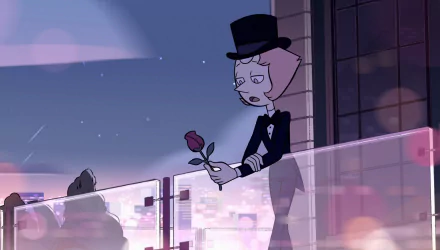 HD PC desktop wallpaper of Pearl (Steven Universe) from the TV show, in a black tuxedo and top hat on a city balcony at dusk, holding a rose and gazing down.