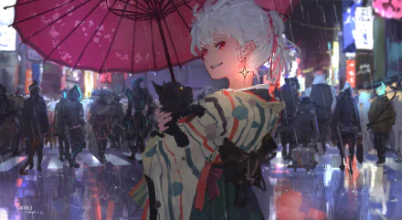 Anime girl in kimono holding a black cat under a pink umbrella in a rainy cityscape, vibrant with neon lights and reflections, HD desktop wallpaper background.