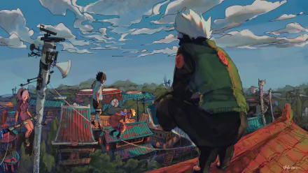 HD PC desktop wallpaper featuring Naruto Uzumaki and Kakashi Hatake from the anime Naruto, overlooking a village under a vibrant blue sky with scattered clouds.