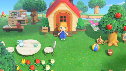 HD desktop wallpaper of Animal Crossing: New Horizons featuring a character outside a cozy house with trees and flowers.