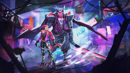 Futuristic sci-fi 4K Ultra HD PC desktop wallpaper: neon-clad woman warrior stands beside a towering combat robot amid a rain-soaked, holographic cyberpunk cityscape.