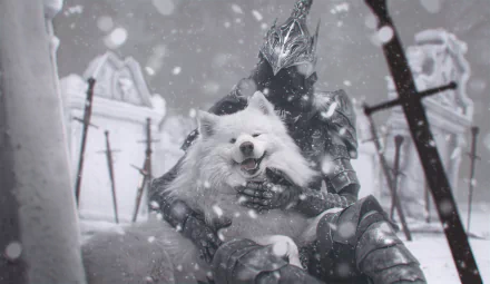 HD desktop wallpaper featuring Artorias from Dark Souls in a snowy graveyard, holding a fluffy white dog, surrounded by tombstones and swords, evoking a serene and protective atmosphere.