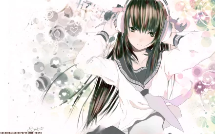 A vibrant anime character wearing headphones, set against a colorful, abstract background. This HD PC wallpaper adds a stylish touch to any desktop.