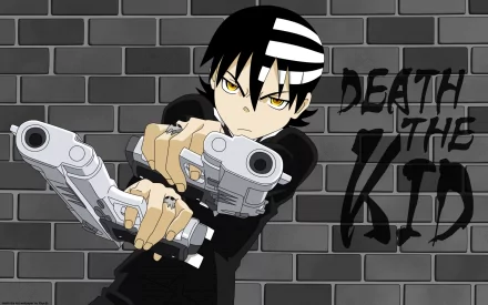A striking HD wallpaper featuring Death the Kid from the anime Soul Eater, aiming dual guns against a textured gray brick background with bold text showcasing his name.