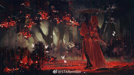 HD anime wallpaper featuring Xie Lian, San Lang, and Hua Cheng from Heaven Official's Blessing and Crimson Rain Sought Flower, with a dark, rainy forest and red blossoms.