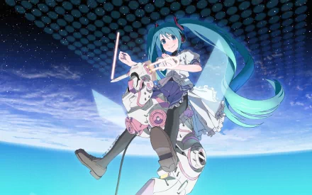 HD PC desktop wallpaper featuring Hatsune Miku, the iconic Vocaloid anime character, floating against a starry sky with futuristic elements and vibrant colors.