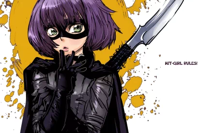 A vibrant HD wallpaper featuring Hit-Girl from the movie Kick-Ass, showcasing her signature mask and weapon. The playful text HIT-GIRL RULES! adds to the dynamic design.