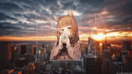 4K Ultra HD anime desktop wallpaper featuring Holo from Spice & Wolf in a picture-in-picture style against a cityscape at sunset.