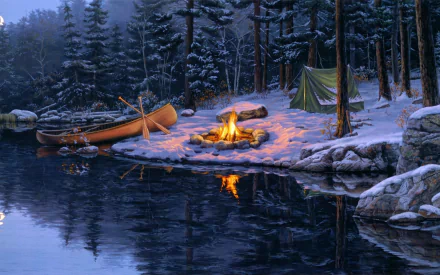 HD desktop wallpaper of a serene winter camping scene with a tent, campfire, and canoe by a forested lakeside.