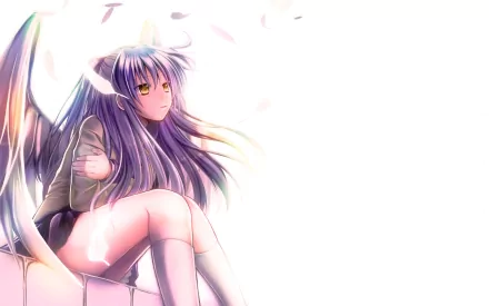 HD desktop wallpaper featuring Kanade Tachibana from Angel Beats! Her long purple hair flows around her, accentuating her yellow eyes and wings. She is sitting, dressed in a skirt and socks.
