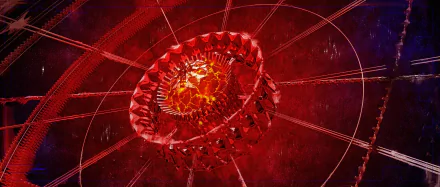 HD desktop wallpaper depicting a red and orange Dyson Sphere, a futuristic megastructure, set against a cosmic backdrop.