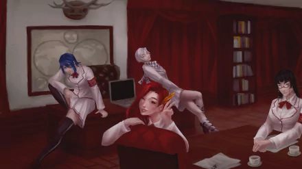 HD PC desktop wallpaper featuring Kuroko Kamenaga, Aoi Ryugoku, Akane Toriyasu, and Shiromi Torayoshi from the video game Yandere Simulator in a dimly lit room.