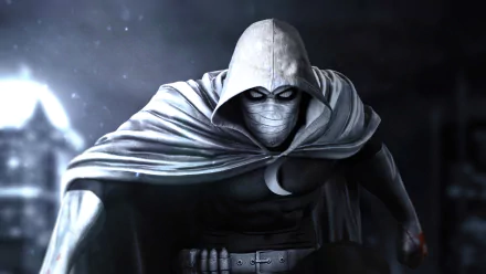 Marc Spector as Moon Knight in a detailed 4K Ultra HD comic-style PC desktop wallpaper, featuring the hero cloaked in white with a mysterious, shadowy background.