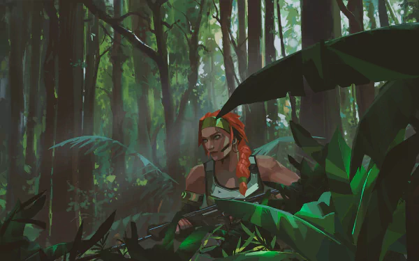 HD PC desktop wallpaper featuring Skye from the video game Valorant, depicted crouching in a dense, green forest environment.
