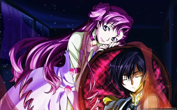 HD anime wallpaper featuring Lelouch Lamperouge and Euphemia Li Britannia from Code Geass in a dramatic, starry night setting.