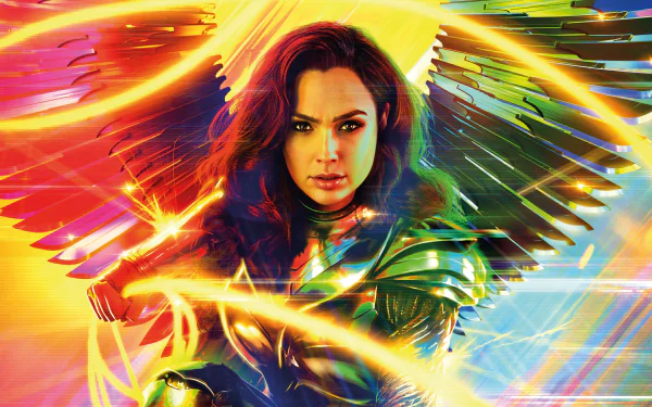4K Ultra HD wallpaper of Gal Gadot as Diana Prince, Wonder Woman from the DC Comics movie Wonder Woman 1984, featuring vibrant, glowing golden armor and dynamic light effects.