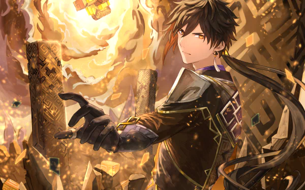 A detailed 4K Ultra HD wallpaper featuring Zhongli from Genshin Impact, showcasing his character in a dynamic pose with a vibrant, mystical background.