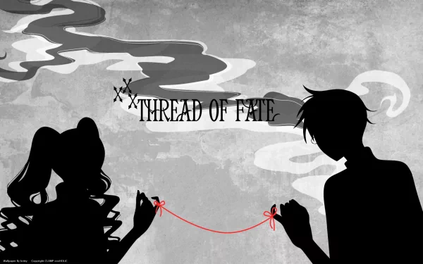 HD anime desktop wallpaper featuring silhouettes from xxxHOLiC connected by a red thread labeled Thread of Fate against a textured gray background with swirling smoke.
