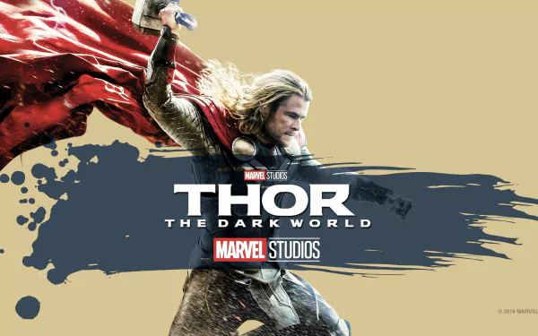 Chris Hemsworth as Thor in 4K Ultra HD wallpaper from the movie Thor: The Dark World by Marvel Studios, featuring Thor wielding his hammer with a dynamic background.
