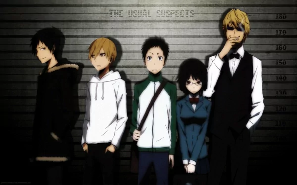 HD wallpaper featuring characters from the anime Durarara!!: Masaomi Kida, Anri Sonohara, Mikado Ryūgamine, Izaya Orihara, and Shizuo Heiwajima, lined up against a backdrop titled The Usual Suspects.