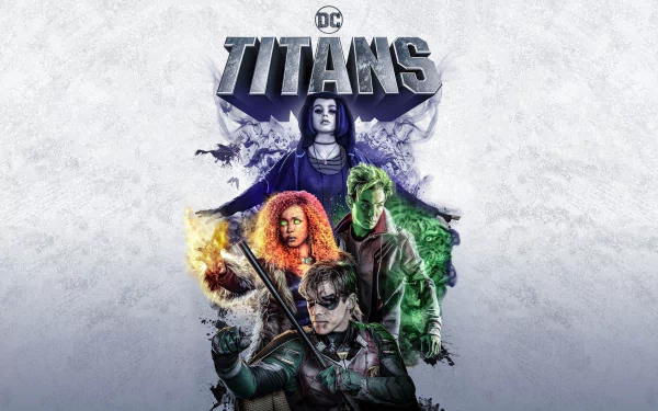 HD Titans TV wallpaper: Robin (Dick Grayson) front, Beast Boy (Garfield Logan) green, Starfire blazing, Raven looming above in stylized team poster.
