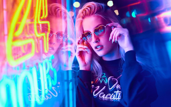 sunglasses reflection blonde model neon light night woman mood night mood HD Desktop Wallpaper | Background Image