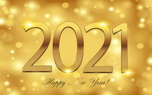 Golden HD PC desktop wallpaper showing large 2021 with bokeh lights and Happy New Year! script, a festive New Year 2021 holiday background.