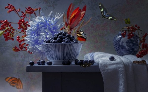 Food Blueberry Butterfly Flower Berry Still Life Fruit HD Wallpaper | Background Image