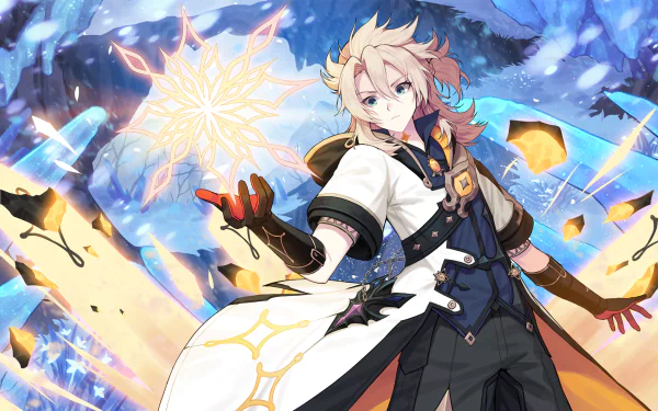 HD PC desktop wallpaper featuring Albedo from the video game Genshin Impact, showcasing his alchemical powers with vibrant, dynamic effects in a fantasy setting.