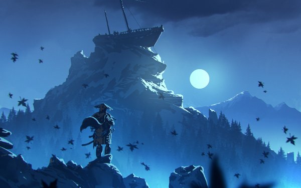 Video Game Ghost of Tsushima Samurai Night Moon Ship HD Wallpaper | Background Image