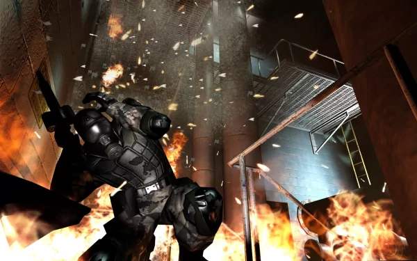 HD PC desktop wallpaper: masked soldier in tactical gear fires rifle amid explosions and fire, bombs detonating — a tense video game action scene evoking fear.